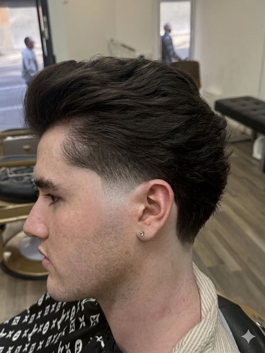 Quiff with a low taper, side view
