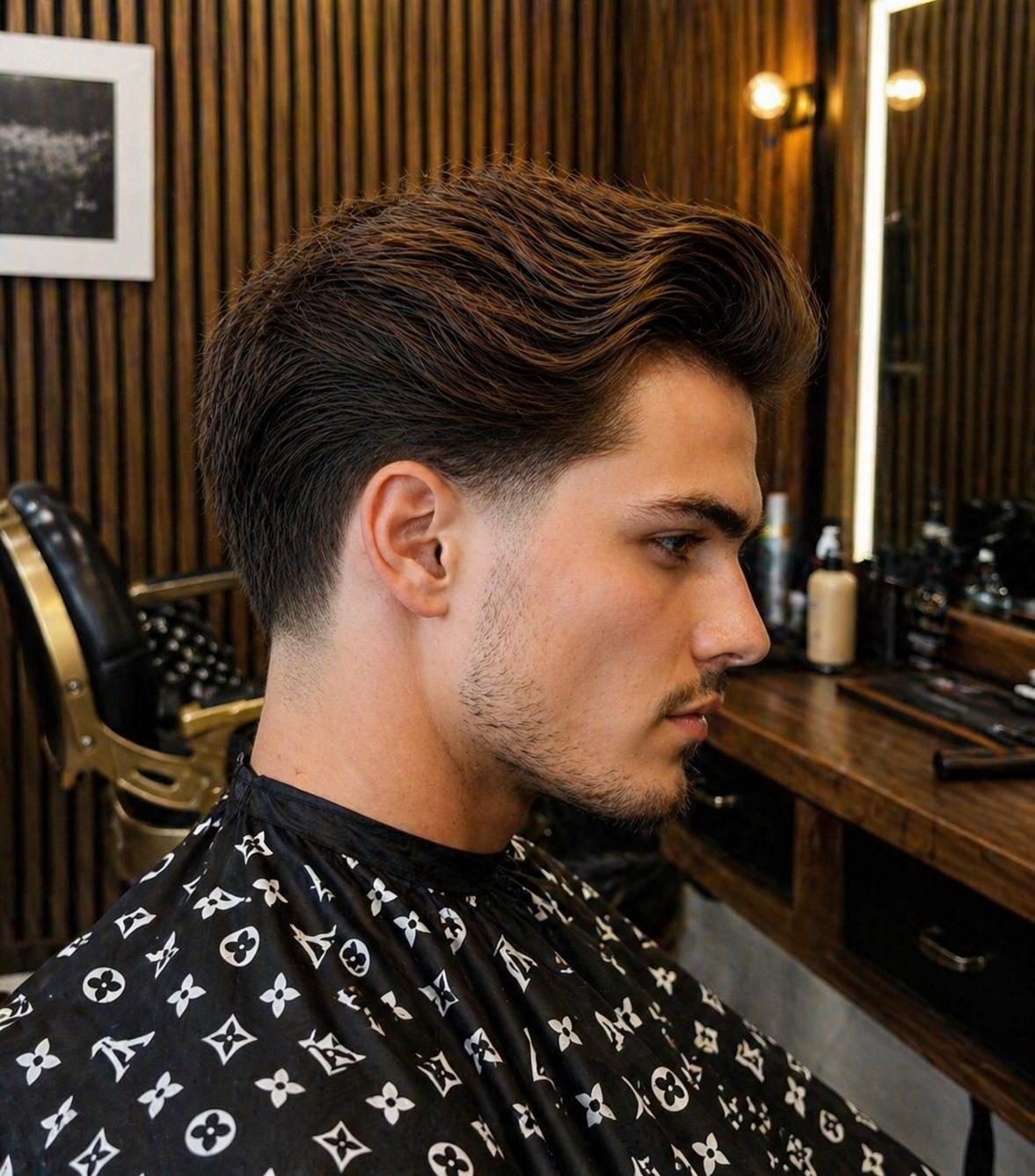 Swept back style with a taper, in the barber chair