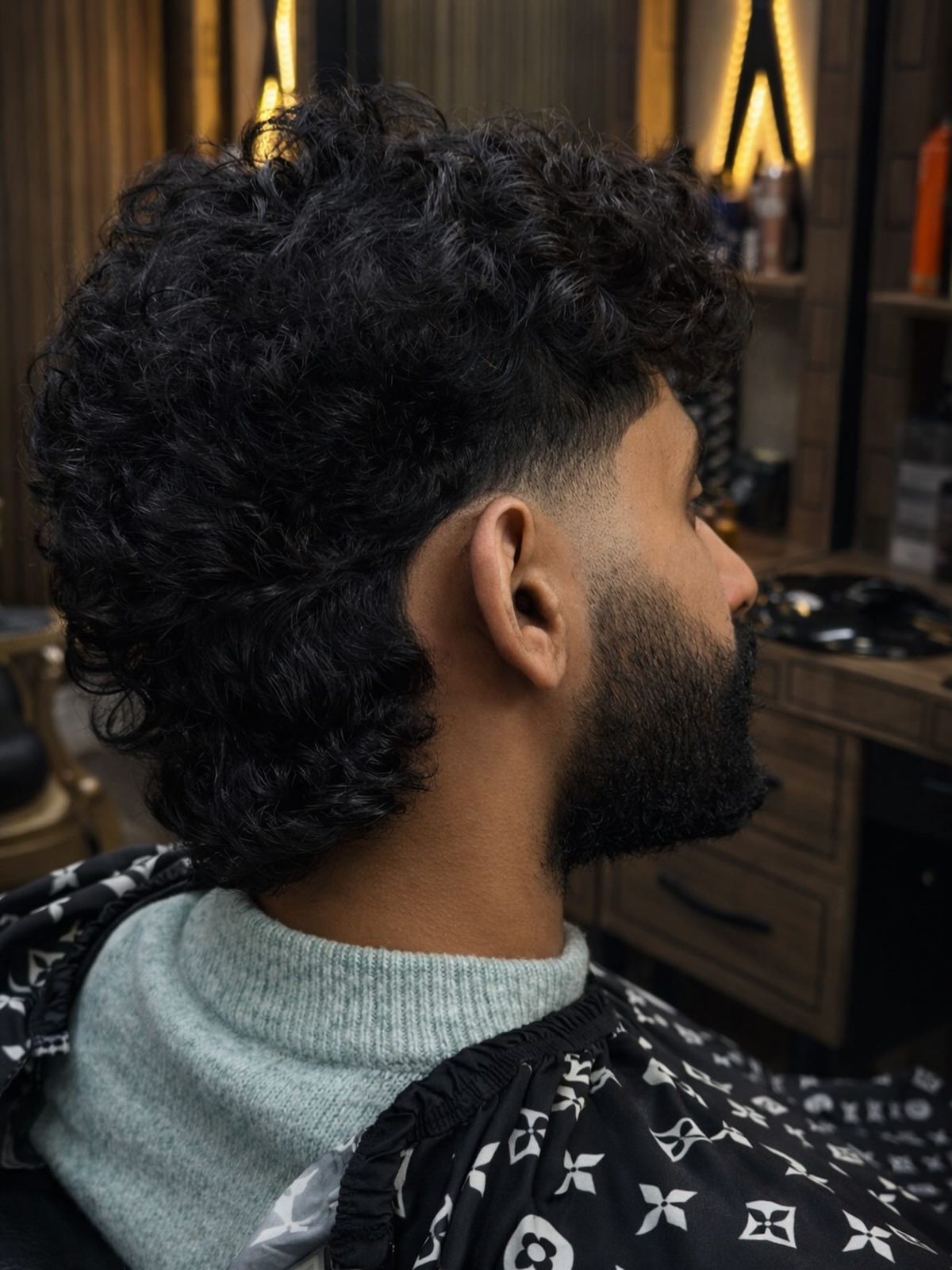 Curly mullet with a faded beard